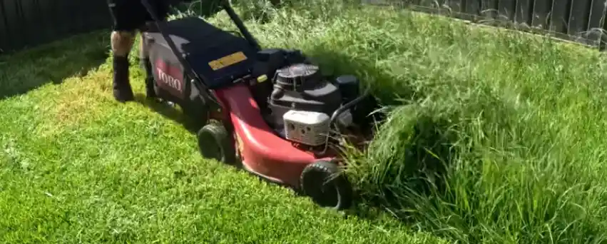 reparacion de maquinaria para jardin en mar del plata Un mecánico trabajando en una cortadora de pasto en un taller especializado en Mar del Plata, con una motosierra en primer plano y repuestos en estanterías.